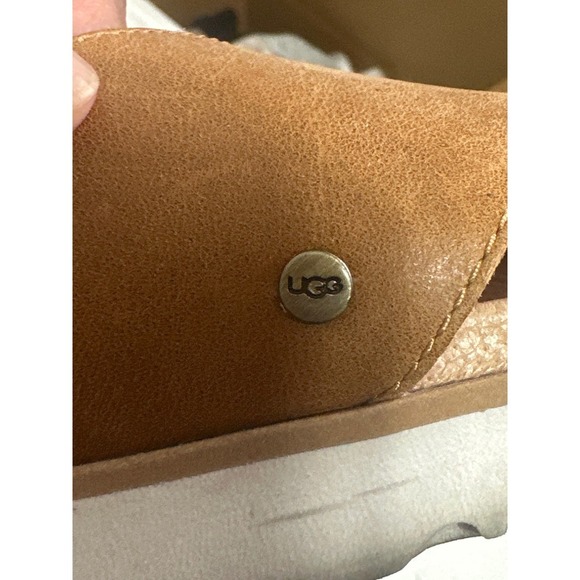 UGG Tan Leather Cross Strap Adjustable Buckle White Sole Sandals - Picture 7 of 10